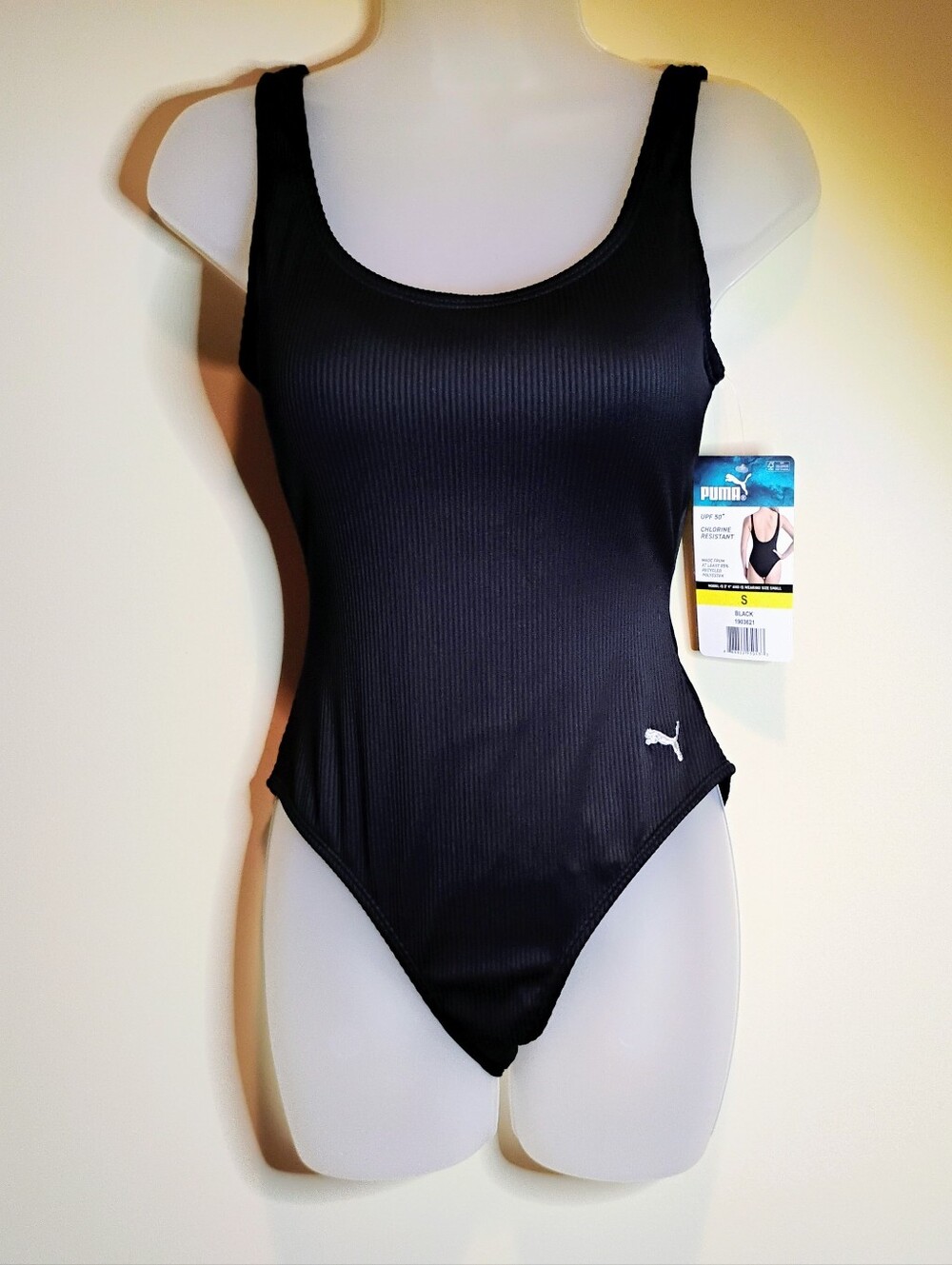 Puma Black Ribbed One-Piece Swimsuit S